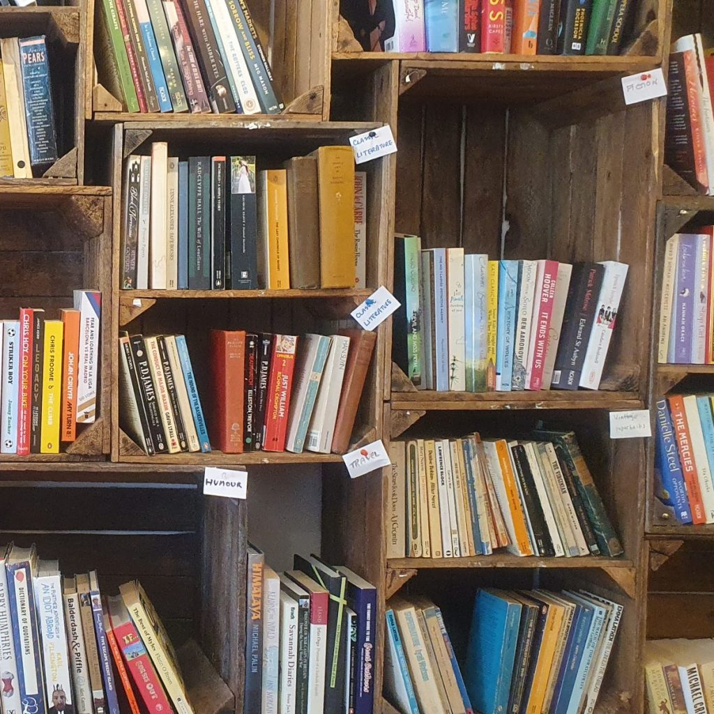 A wall of bookshelves