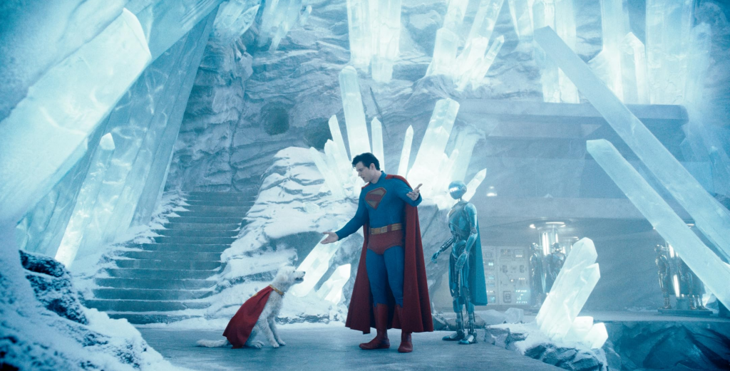 Superman argues with his dog Krypto and a robot inside his ice palace, the Fortress of Solitude. Credit: Warner Brothers.
