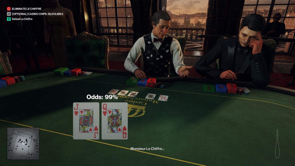 A screenshot from the Hitman games, in which the player is playing poker against Bond villain Le Chiffre at a VIP poker table, with the Paris skyline in the background.