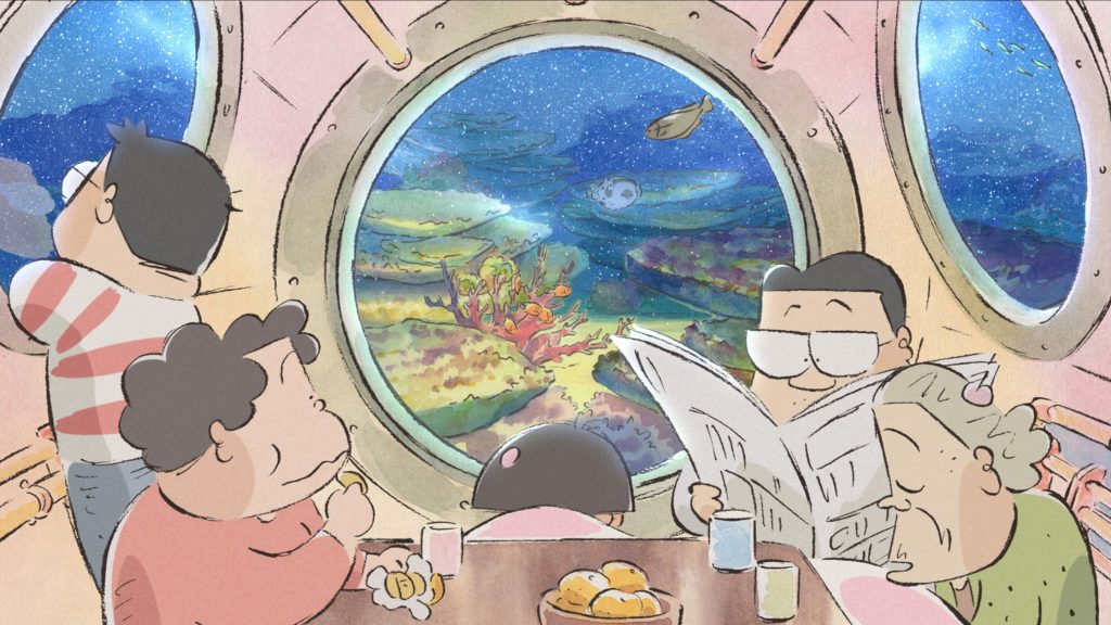 An animated Japanese family eat while the children admire the ocean scene out of the window.