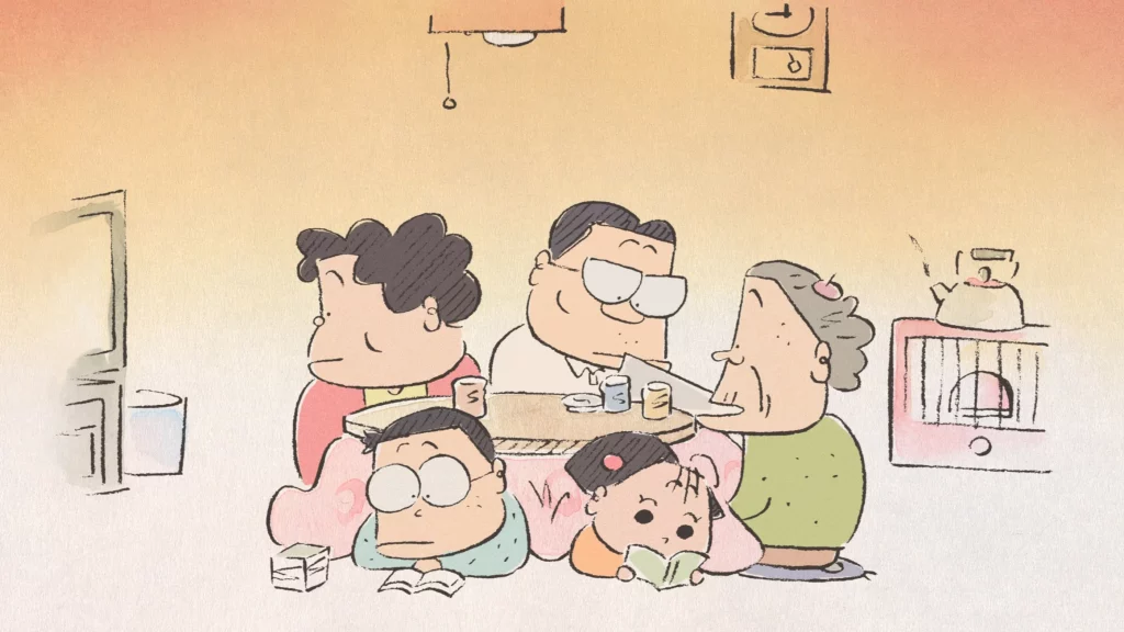 The Yamada family together, each distracted by their own interest.