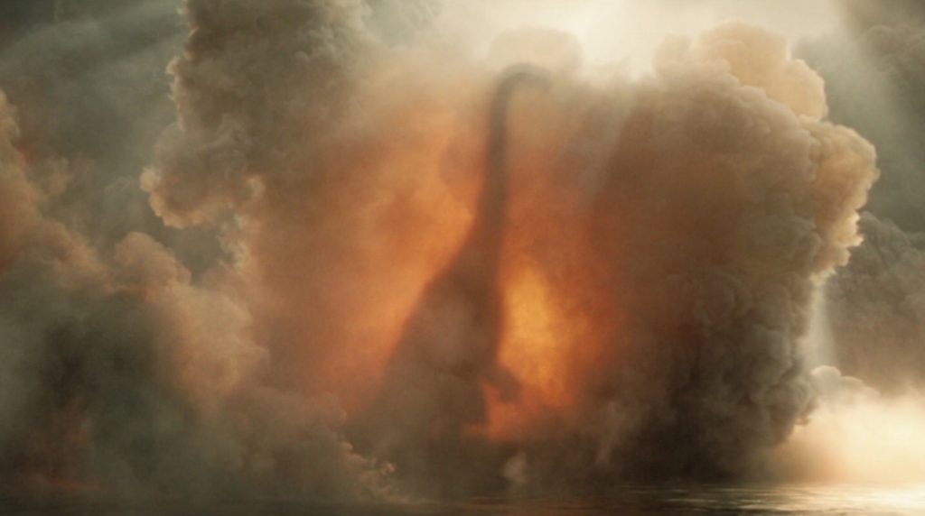 A brachiosaurus silhouette, consumed by smoke from an erupting volcano.