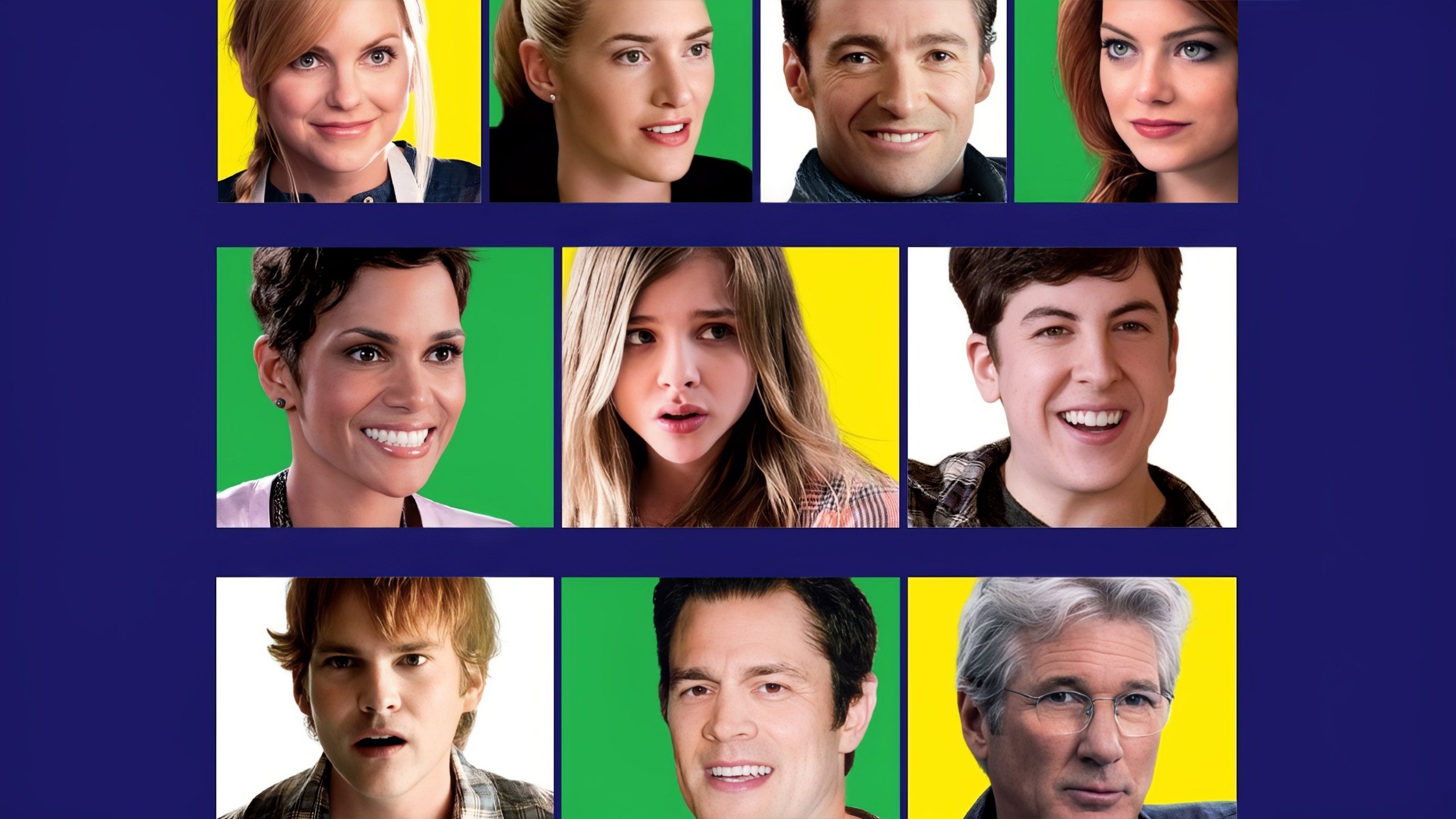 The faces of some of the cast members of Movie 43, including Hugh Jackman, Halle Berry, Emma Stone, and Richard Gere.