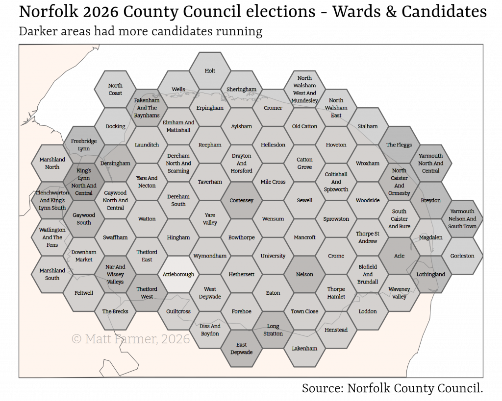 84 hexagons covering the historical county of Norfolk, each with the name of the ward written inside them.